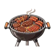 Griglia a carbone con carne e salsicce che cuociono