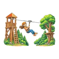 Bambino sospeso a una teleferica fra una torretta di legno e un albero