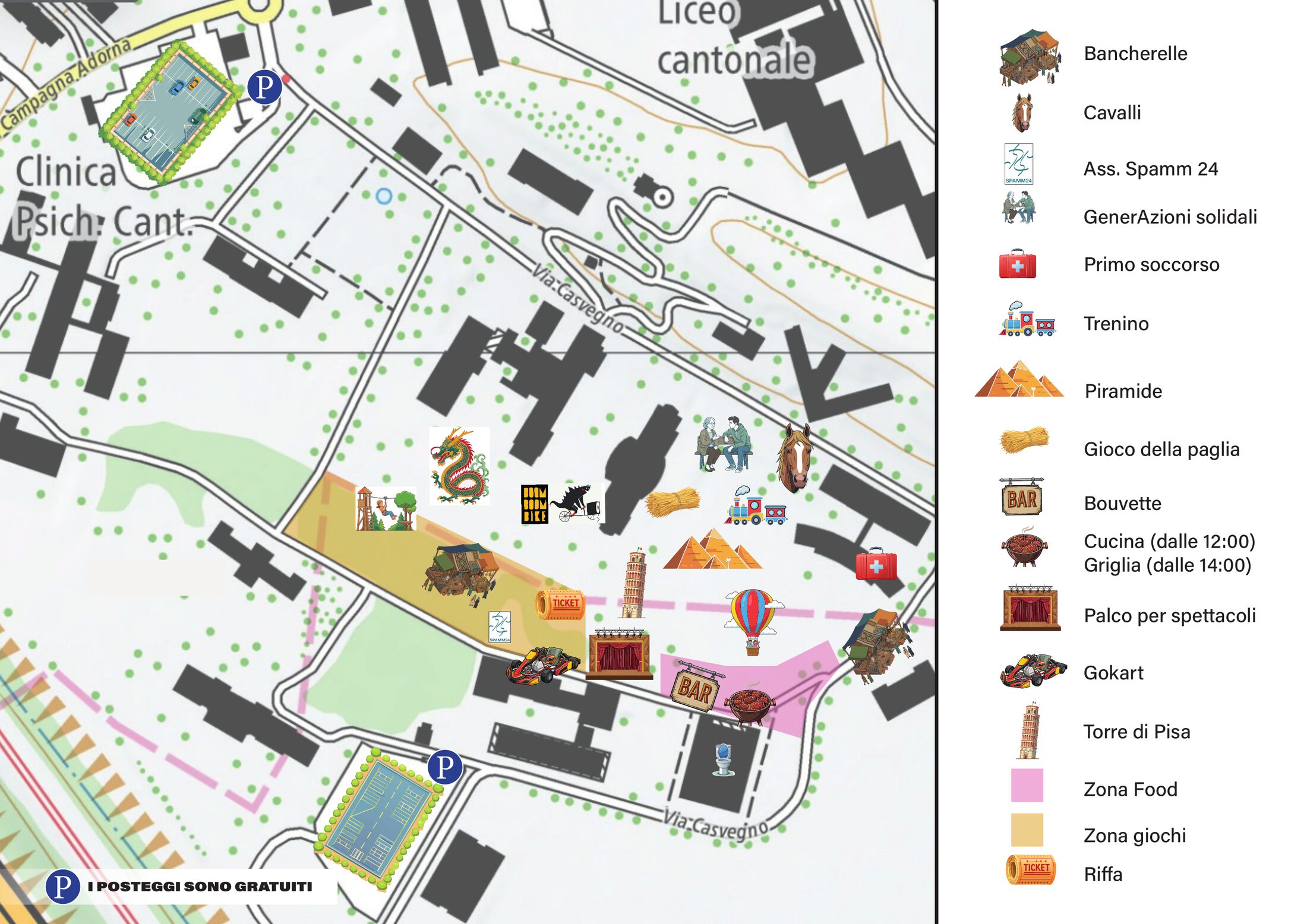 Mappa del Parco di Casvegno con le postazioni della festa: piramide, torre di Pisa, gokart, trenino, cavalli, gioco della paglia, bancherelle, palco, zona food, zona giochi, primo soccorso e i due posteggi.